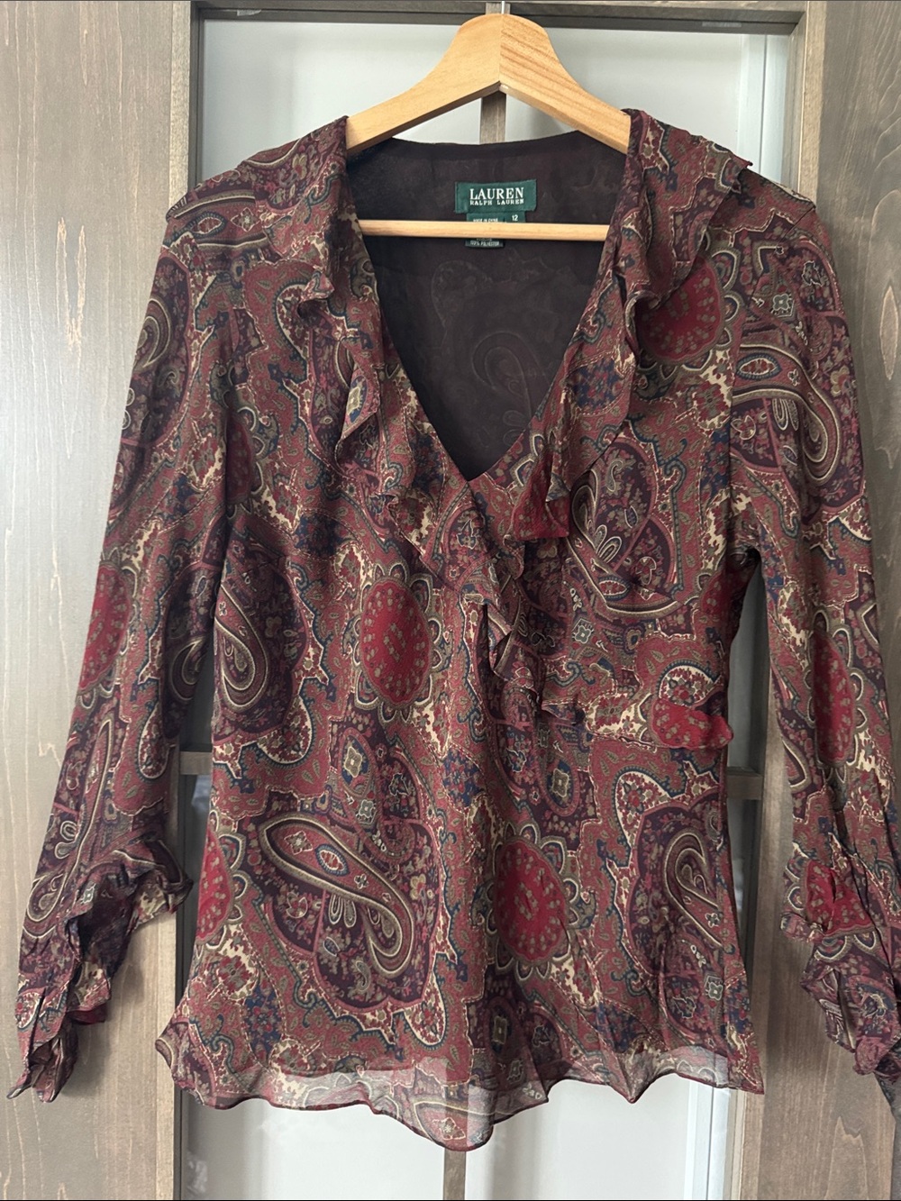 Lauren Ralph Lauren Womens Silk Paisley Ruffle Blouse Burgundy Brown v-Neck